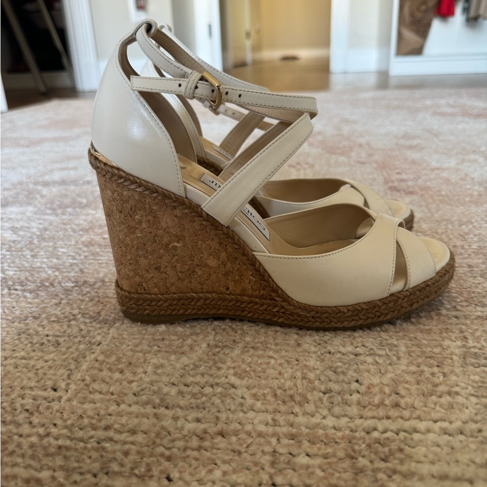 Jimmy Choo 38 White Leather Wedge Sandals